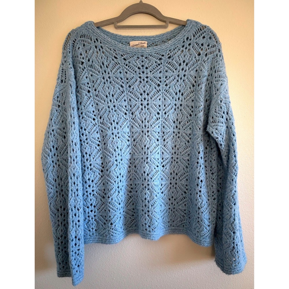 Cottagecore Open Knit Sweater Baby Blue Long Sleeve Boho Grandma Preppy Size XL